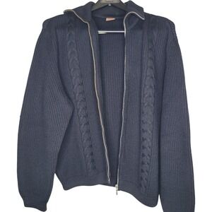 Vintage Bleyle Black Mock Neck Full Zip Cable Knit German Wool Sweater Men's L